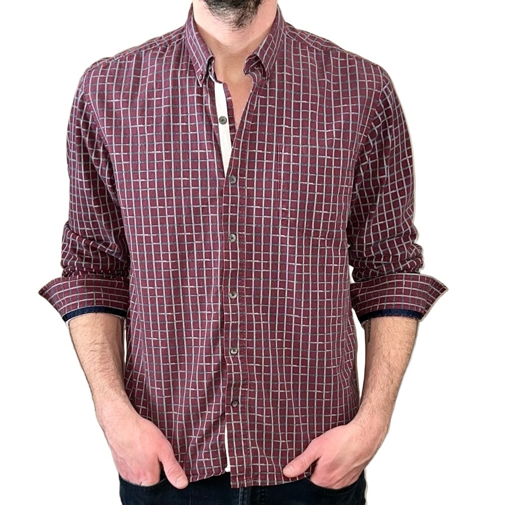 WRK Mens Maroon Grid Long Sleeve Button-Down Casual Reworked Shirt Size L